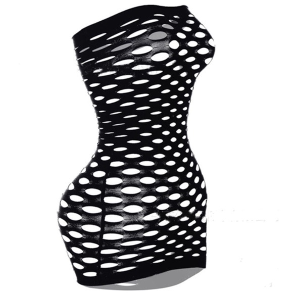 Black Fishnet / Hole Dress S - XXL Very stretchy one size fits all. Mini skirt - Picture 2 of 3